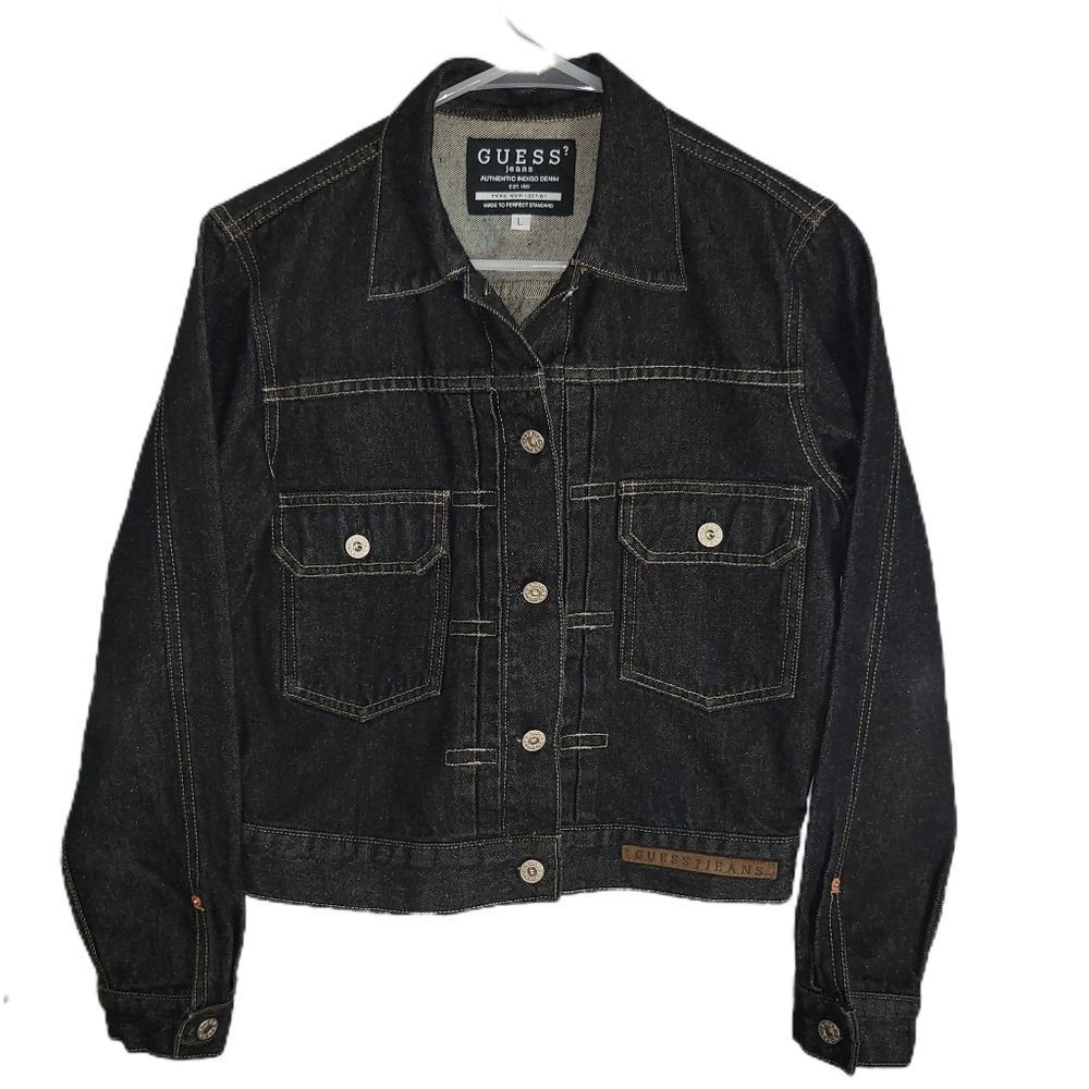 NWOT GUESS Y2K Black Jean Jacket White Label ? Women's Large late 1990s
